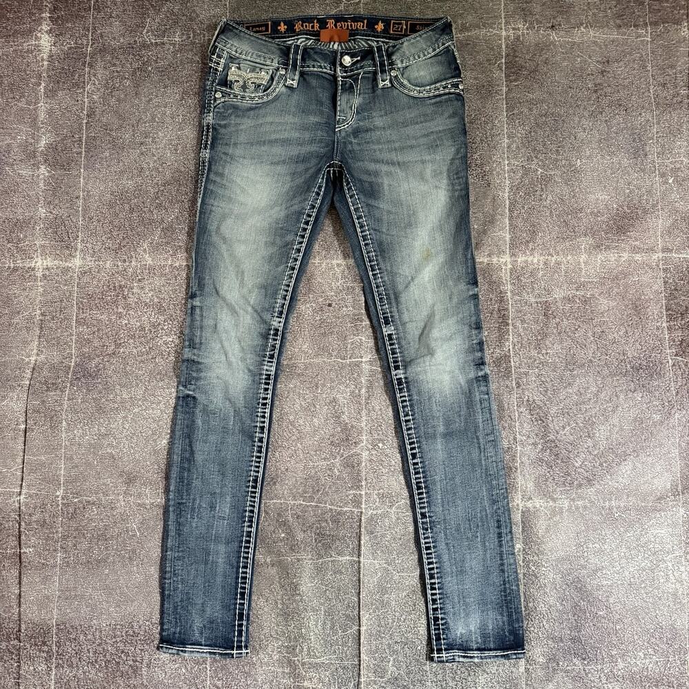 Women's Vintage Y2K Rock Revival Laney Skinny Faded Rhinestone Jeans Sz 27 X 34